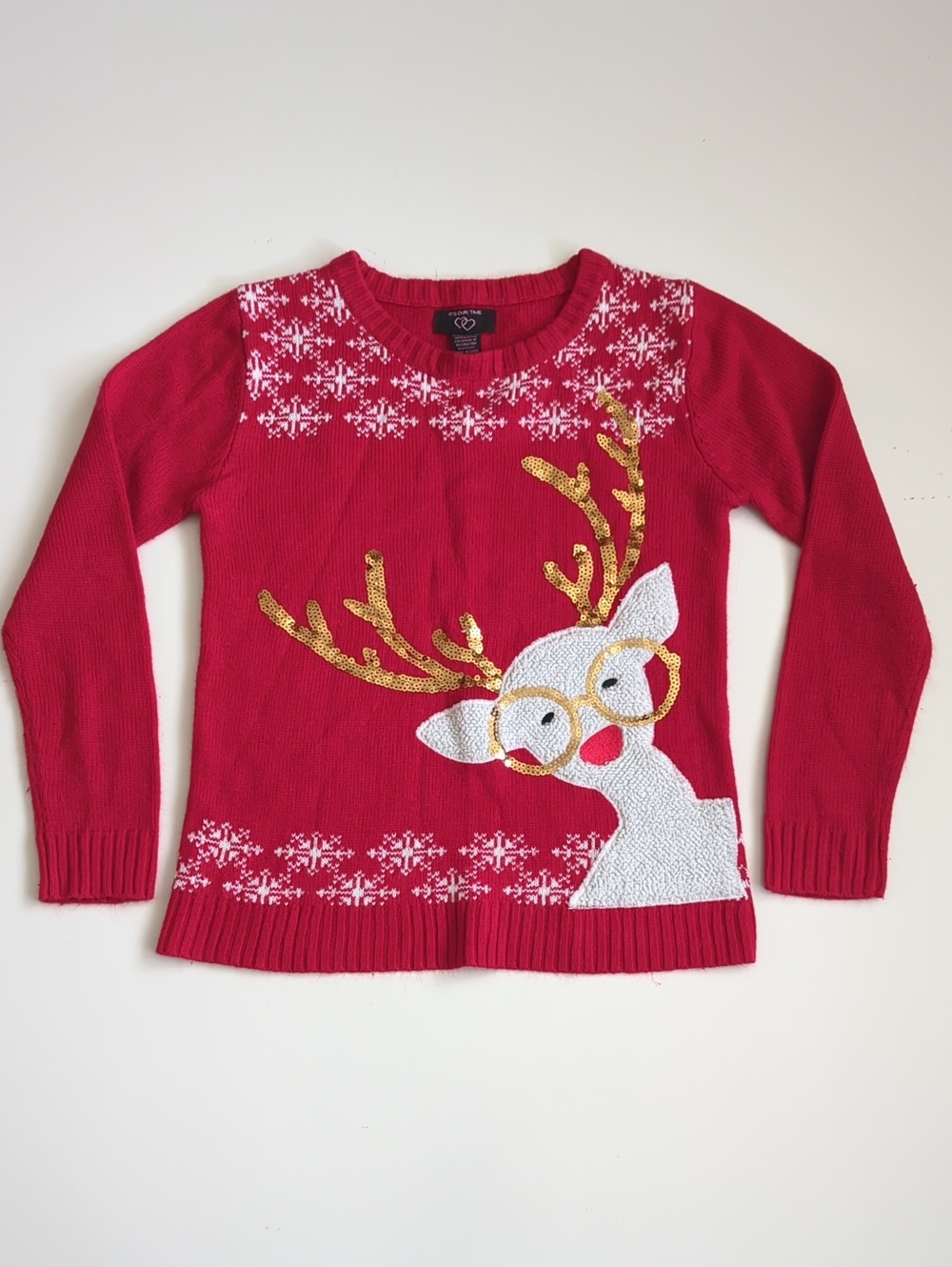 It's Our Time Red Sequin Antler Reindeer Crewneck Sweater